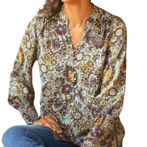 Soft Surroundings Alpina Blouse Purple‎ Paisley Button Gold Gray Long Sleeve L